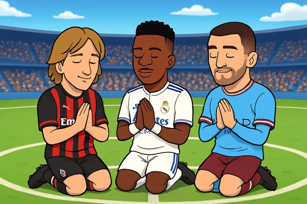 Modric, Vinicius y Kovacic rezando juntos antes de un partido. Fe y deporte unidos en el fútbol profesional.