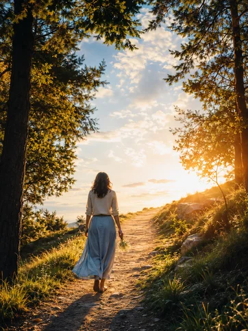 Mujer caminando serenamente hacia la luz