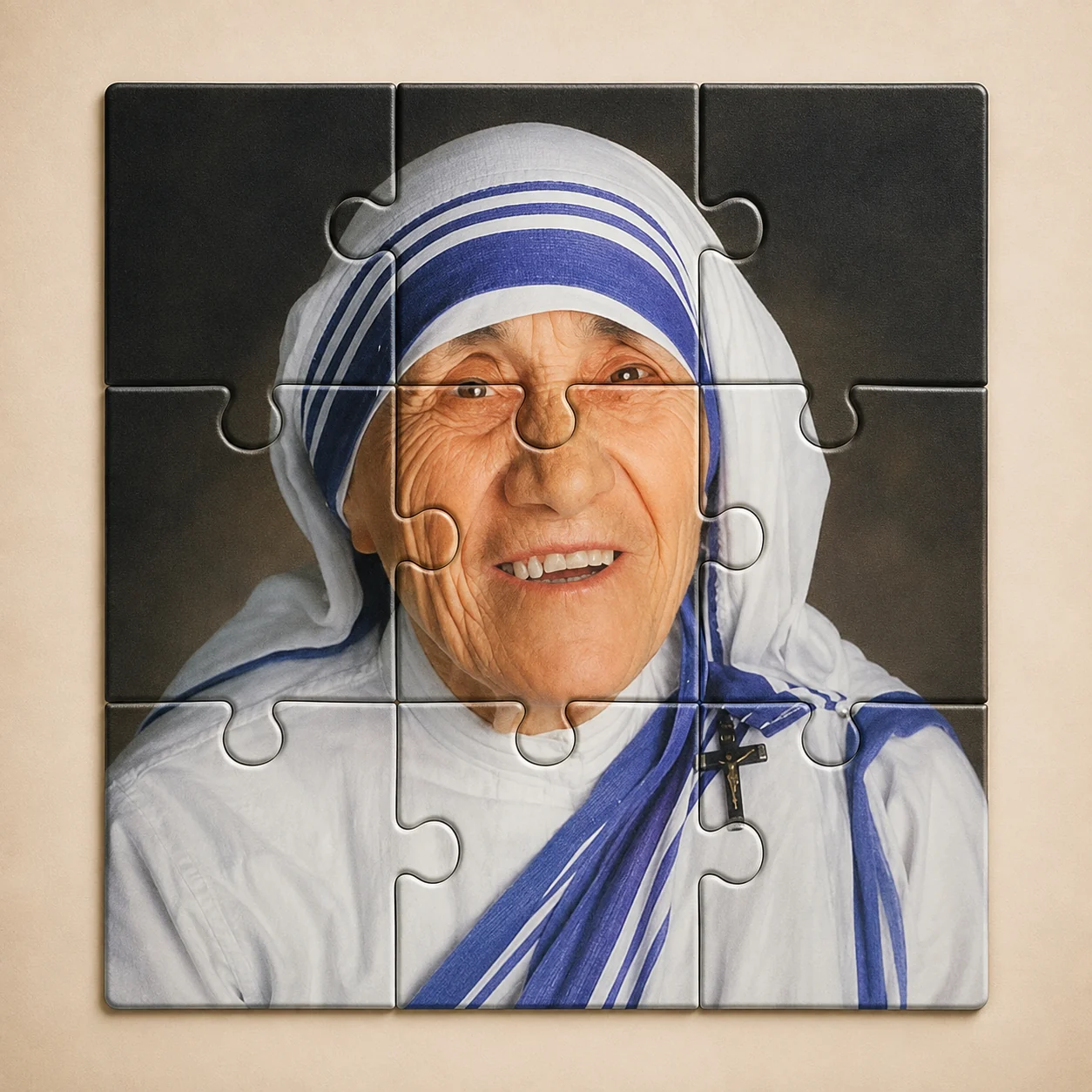 Retrato de Santa Teresa de Calcuta formado por nueve piezas de puzle