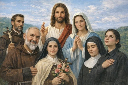 Jesucristo con la Virgen María, Padre Pío y otros santos