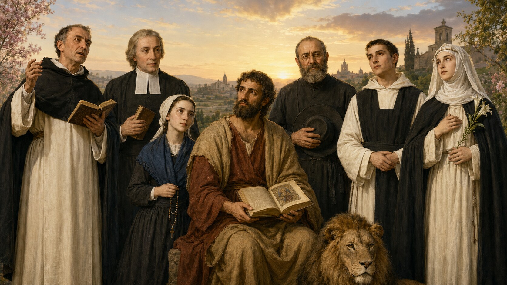 Santos de abril reunidos: San Vicente Ferrer, San Juan Bautista de La Salle, San Damián de Molokai, Santa Bernardita, San Marcos, San Rafael Arnáiz y Santa Catalina de Siena