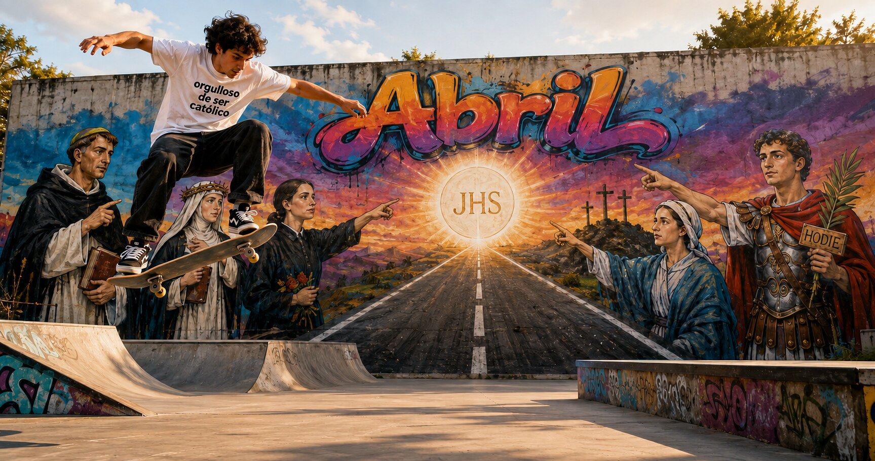 Joven católico en monopatín ante un mural de abril con santos y la Eucaristía Joven católico en monopatín ante un mural de abril con santos y la Eucaristía