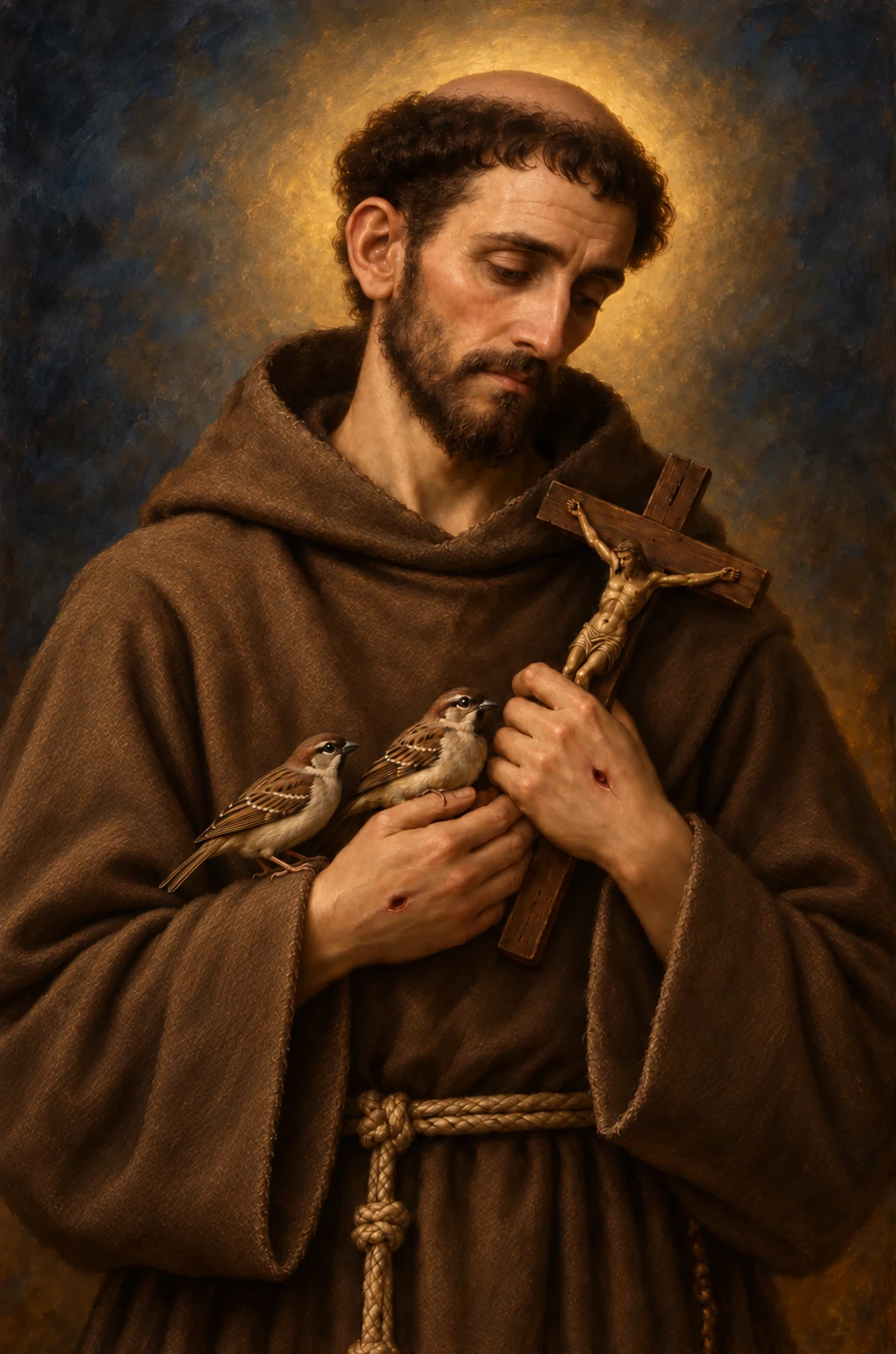 San Francisco de Asís con un crucifijo y dos pájaros