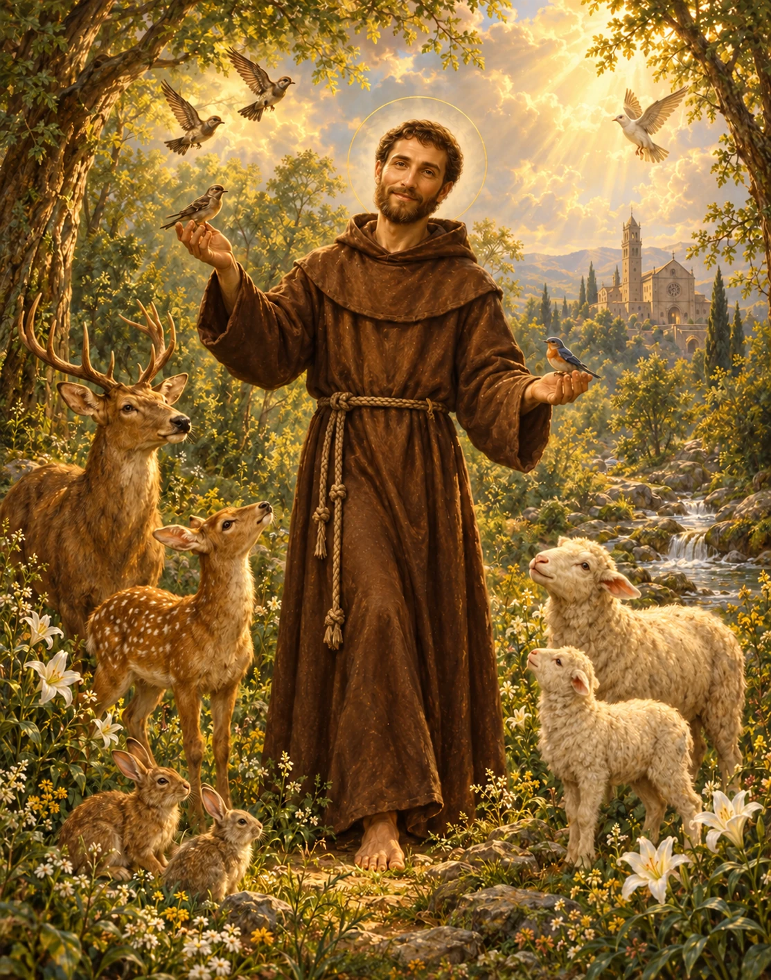San Francisco de Asís rodeado de animales en un bosque