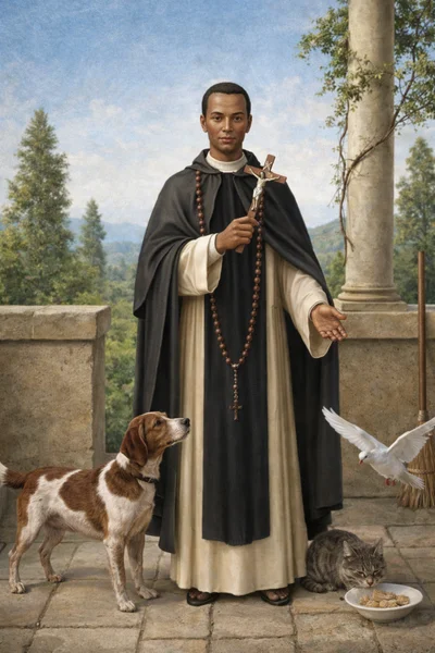 San Martín de Porres con un perro, un gato y una paloma