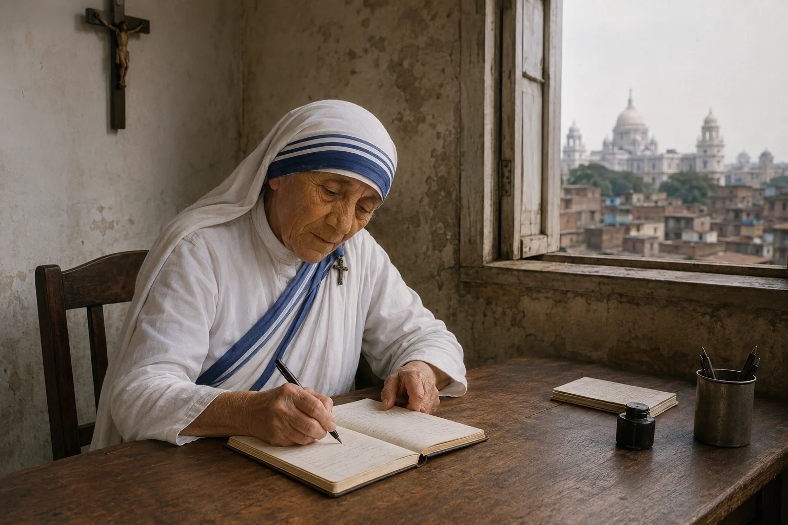 Santa Teresa de Calcuta escribiendo sus pensamientos en un despacho modesto
