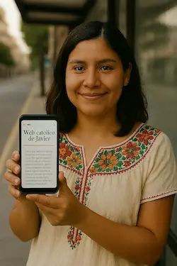 Joven en una parada de autobús leyendo en su móvil Web católico de Javier